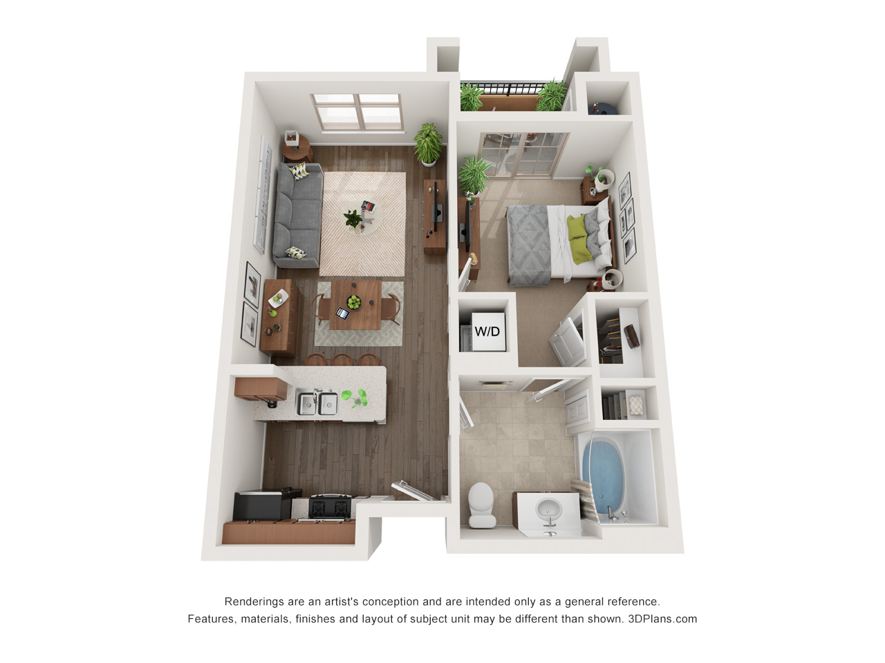 Floor plan for 1 bed, 1 bath, 701 sqft